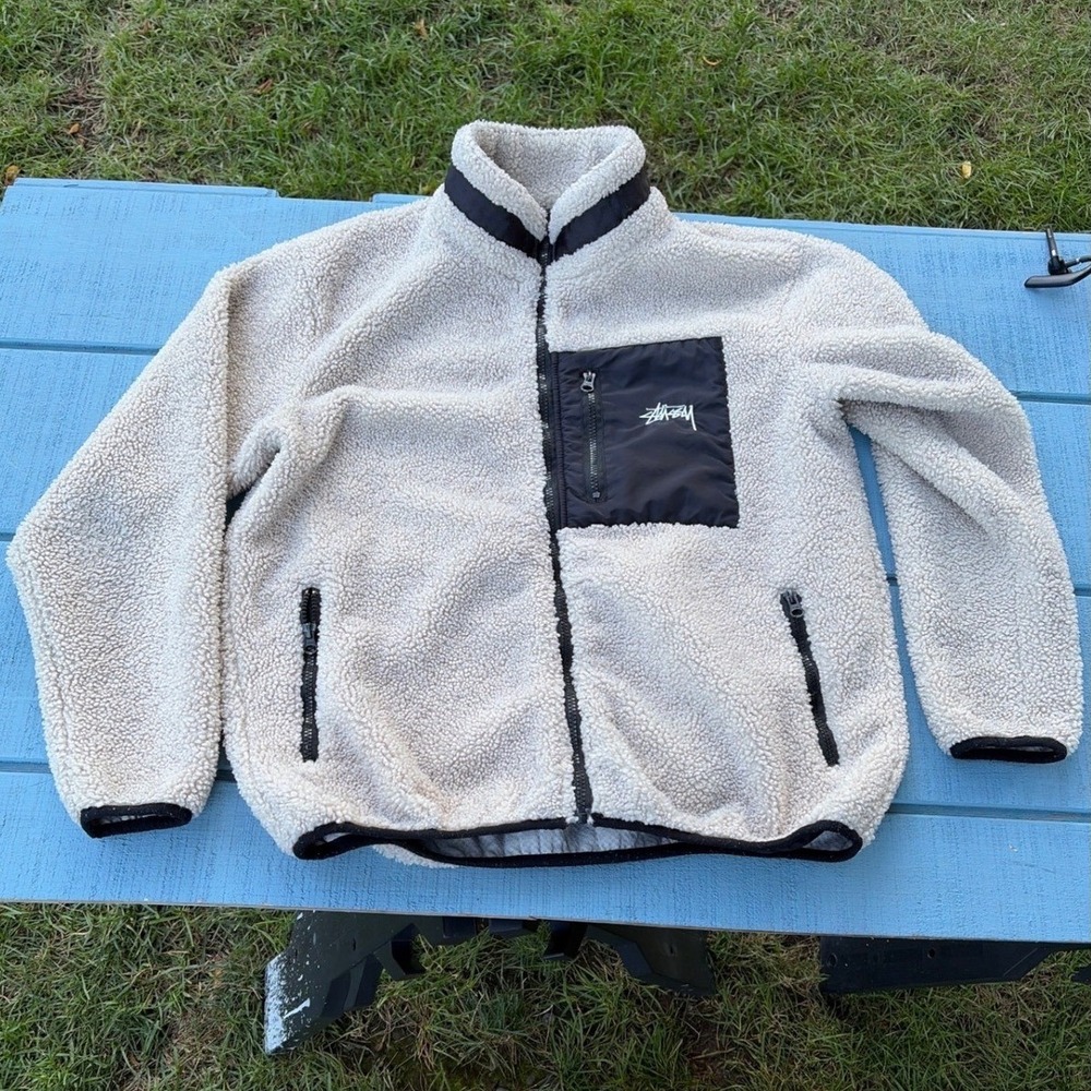 Stussy Sherpa Fleece Jacket Cream Black Full Zip Mesh Lined Mens Medium